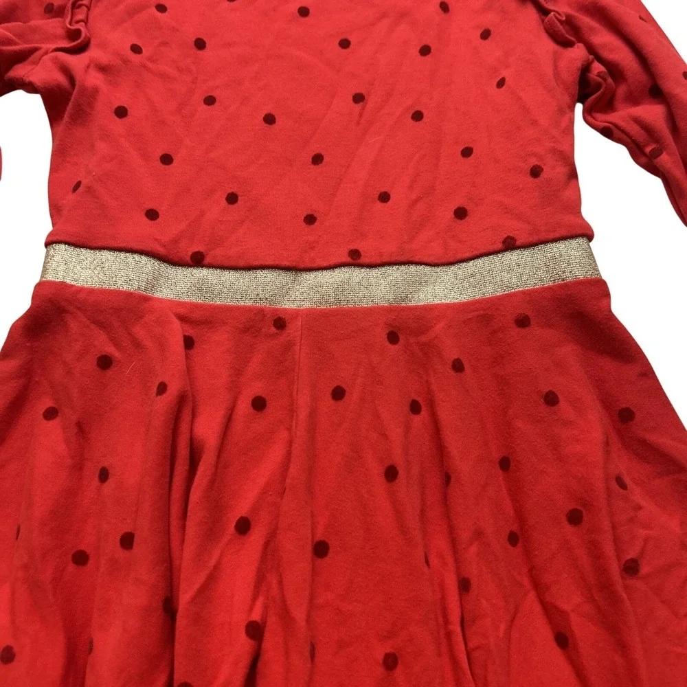 Mini Boden Girls Dress 8-9Y Red Polka Dotted Jersey Knit Party Ruffled Gold